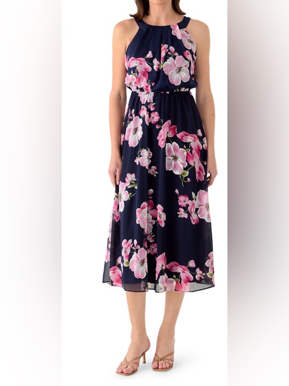 Signature by Robbie Bee Navy Dress with Pink Floral Print
